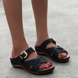 Women Hollow Out Breathable Open Toe Buckle Summer Casual Wedge Sandals