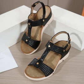 Women Casual Vacation Comfy Woven Design T-Strap Wedges Sandals
