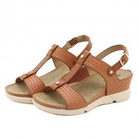 Women Casual Vacation Comfy Woven Design T-Strap Wedges Sandals