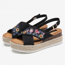 Women Espadrilles Embroidery Flowers Cross Strap Slingback Casual Platform Sandals