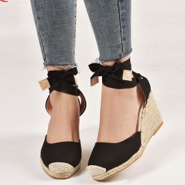 Women Casual Round Toe Wedge Heel Lace Up Sandals