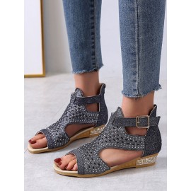 Plus Size Women Back-zip Soft Comfy Breathable Hollow Rhinestone Embellished Flat Sandals