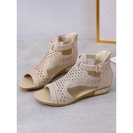 Plus Size Women Back-zip Soft Comfy Breathable Hollow Rhinestone Embellished Flat Sandals