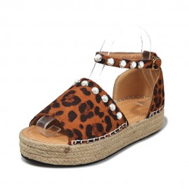 Women Suede Leopard Print Solid Beading Lace Simple Casual Sandals