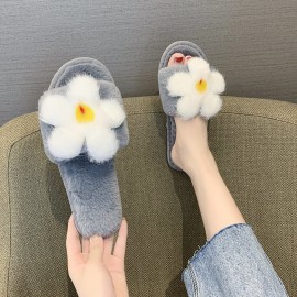 Women Flower Decor Non Slip Soft Comfy Plush Cotton Slippers