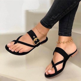 Plus Size Women Casual Summer Vacation Belt Buckle Embellished Thumb Slippers