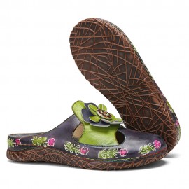 Socofy Genuine Leather Hand Made Retro Ethnic Floral Embellished Slip-On Comfortable Closed Toe Slippers