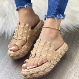 Plus Size Women Casual Summer Beach Vacation Pearls Decor Espadrilles Platforms Thumb Slippers
