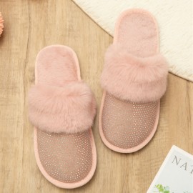 Women's Large Size Solid Color Rhinestone House Furry Slippers