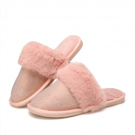 Women's Large Size Solid Color Rhinestone House Furry Slippers