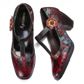 SOCOFY Retro Florals Embroidery Flowers Leather Low Heel T-strap Hook Loop Pumps