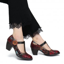 SOCOFY Retro Florals Embroidery Flowers Leather Low Heel T-strap Hook Loop Pumps