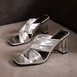 Women Comfy Gold & Silver Clear Heeled Slippers