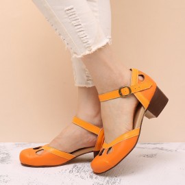 Women Hollow Out Color Stitching Plus Size Buckle Chunky Heel Casual Pumps