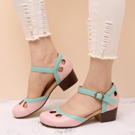 Women Hollow Out Color Stitching Plus Size Buckle Chunky Heel Casual Pumps