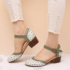 Women Flower Pattern D'Orsay Round Toe Ankle Strap Comfy Casual Heels Pumps