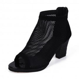Women Casual Mesh Breathable Chunky Heel Hollow Out Peep-toe Pumps Shoes