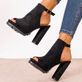 Plus Size Women Fashion Buckle Black Heeled Sandals