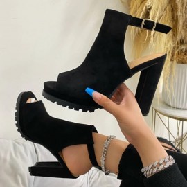 Plus Size Women Fashion Buckle Black Heeled Sandals