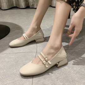 Women Round Toe Solid Color Block Heel Slip On Loafers