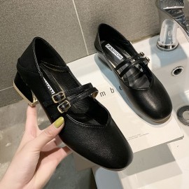Women Round Toe Solid Color Block Heel Slip On Loafers