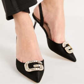 Women Rhinestone Pointed Toe Slingback Buckle Fashion High Heel Pumps
